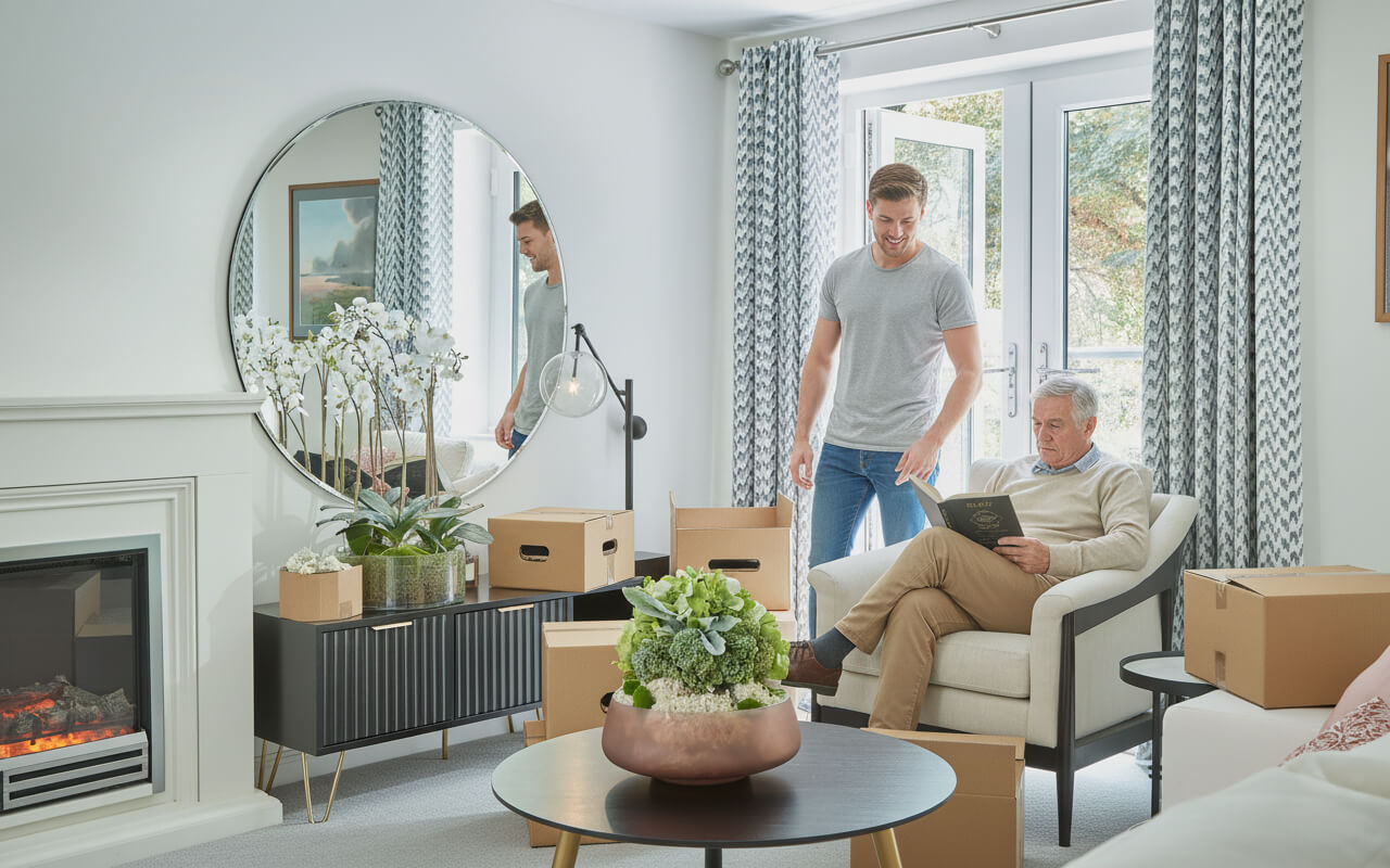 A young man and an older man are in a bright Adlington apartment